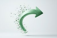 Green curved arrow disintegrating into particles against light background, symbolizing transformation, change and forward movement in business and technology.
