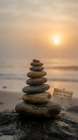 Balanced stone cairn stack on beach at golden sunset with harmony message sign for meditation wellness and mindfulness retreat concepts.