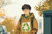 Young Asian man in glasses and brown hoodie wearing recycling symbol, standing outdoors during autumn season with blurred fall foliage and urban background.