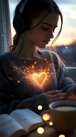 Young woman in cozy sweater with glowing heart effect listening to music and reading book by window at sunset, magical atmosphere with sparkles and coffee cup.