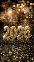Golden 2026 numbers with festive fireworks display against sparkling black background, creating elegant celebration atmosphere for New Year designs.
