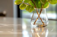 Fresh green leaves in clear glass vase with water on marble surface, soft natural lighting creates gentle reflection, minimalist home decor composition.
