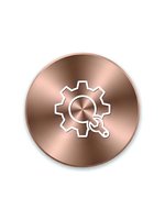 Copper metallic circular button with white gear and wrench icon isolated on transparent background for web design and user interface applications.
