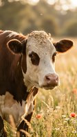 Young dairy cow calf standing in sunny meadow with wildflowers during golden hour sunset light for agriculture and farming concepts.
