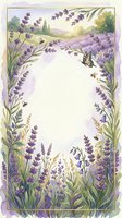 Watercolor lavender field frame with butterfly and bees, purple floral border with countryside landscape, blank space for text or design elements.
