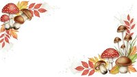 Autumn forest frame with mushrooms and colorful leaves on white background. Seasonal border design for fall decorations and nature themes.