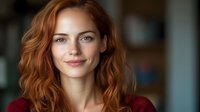 Young woman with long wavy red hair and blue eyes smiling softly at camera, wearing burgundy top against blurred interior background.
