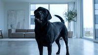 Black Labrador dog standing in modern minimalist living room with large windows, gray sofa and potted plant creating bright contemporary home interior.