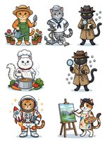 Cartoon cats in various professions wearing hats and costumes: farmer with plants, sailor, detective, chef, astronaut, and artist. Isolated clipart set on white background for design use.