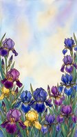 Colorful iris flowers in shades of purple, blue, and yellow bloom along the bottom and sides of a soft watercolor background with pastel tones, creating a botanical border frame.