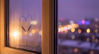 Heart drawn on foggy window glass with warm bokeh city lights creating romantic evening atmosphere for love and relationship concepts.