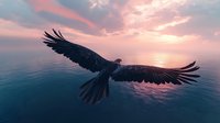 Majestic eagle soaring over tranquil ocean waters at sunset, wings fully extended against dramatic pink and turquoise sky, capturing freedom and natural power.