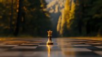 Chess queen piece standing alone on checkered board with dramatic golden sunset forest backdrop, creating powerful leadership concept and strategic depth.
