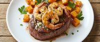 Grilled steak topped with garlic butter shrimp, served with roasted sweet potato cubes and fresh parsley garnish on white plate.