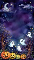 Spooky night scene with glowing jack-o-lanterns, friendly ghosts, crescent moon, stars, clouds, gnarled trees, and spider webs against deep purple starry sky. Ideal for Halloween designs, greeting cards, and seasonal decorations.