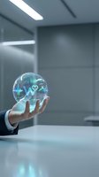 Businessman holding glowing holographic sphere with health and medical icons, representing digital healthcare technology, telemedicine solutions, and medical innovation in modern office environment.