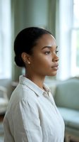 Professional African American businesswoman in white shirt looking confidently ahead in modern office setting for corporate and career content.