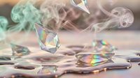 Crystal prisms creating rainbow light reflections with ethereal smoke swirls on wooden surface for meditation and spiritual wellness concepts.