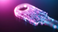 Glowing digital key with circuit pattern in pink and blue neon colors against dark background, representing cybersecurity and digital access technology.