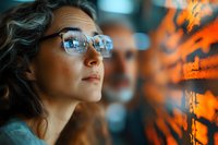 Young woman in glasses gazing upward with dreamy expression, orange and teal color scheme creates moody atmosphere, dramatic side lighting highlights facial features.
