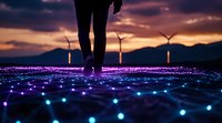 Silhouette of person standing on illuminated digital grid surface with wind turbines and dramatic sunset sky in purple and orange hues. Modern renewable energy concept.