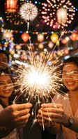 Group of diverse young adults holding lit sparklers at night celebration with fireworks and string lights in background, perfect for New Year's Eve, Independence Day, and festive party events.