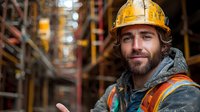Confident construction worker with beard wearing yellow hard hat and safety vest at industrial site, looking at camera with authentic expression and natural smile.