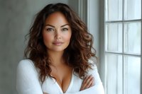 Portrait of confident mixed-race woman with curly brown hair wearing white top by window. Professional headshot for business, lifestyle and beauty concepts.
