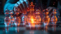 Glass chess pieces on reflective surface with dramatic orange and blue lighting effects, glowing particles, and mysterious atmosphere create strategic game concept.