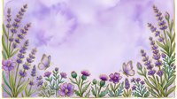 Watercolor lavender field border with purple flowers and butterflies on soft violet background for spring design projects.