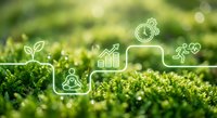 Green technology icons floating over lush moss background representing sustainable business growth, eco innovation and environmental solutions for corporate presentations.