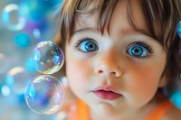 Young child with bright blue eyes gazing at floating soap bubbles against blurred bokeh background, expressing wonder and innocence in warm orange attire.