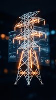 Digital power transmission tower with glowing energy lines and data analytics dashboard displays for smart grid technology and electrical infrastructure.