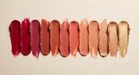 Lipstick color palette swatches in warm tones from deep red to nude beige on neutral background for beauty and cosmetics branding.