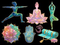Watercolor yoga poses and spiritual symbols clipart set, isolated on transparent background. Great for stickers, t-shirt design, sublimation, and print on demand.