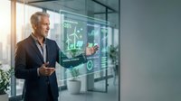 Mature businessman interacting with futuristic holographic interface displaying data analytics and charts in modern office environment.