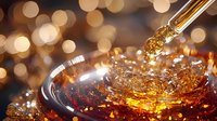 Amber liquid splashing in glass with golden droplets and bokeh lights background, macro photography capturing dynamic fluid motion and light reflections.