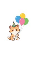 Cute orange tabby kitten wearing striped party hat holding colorful balloons isolated on white background, perfect for children's designs, greeting cards, and festive celebrations.