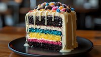 Colorful layered cake slice with chocolate, yellow, blue, and pink tiers, topped with white dripping glaze and decorated with vibrant candy pieces on black plate.