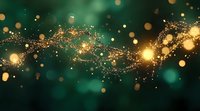 Magical golden sparkles and glowing particles flowing on dark emerald green background create dreamy atmospheric effect for luxury designs and festive projects.