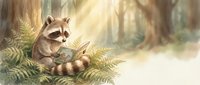 Adorable raccoon sitting among green ferns in sunlit forest clearing with warm golden light rays filtering through trees creating peaceful woodland scene.