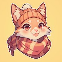 Cute cartoon fox character wearing winter knit beanie and striped scarf on yellow background, drawn in kawaii anime style. For stickers and merchandise design.