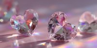 Crystal heart gemstones with rainbow reflections on pink surface, creating romantic atmosphere for jewelry design or Valentine's Day concept.
