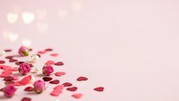 Pink roses and scattered petals on soft pink background with bokeh lights for romantic Valentine's Day wedding anniversary celebration design.