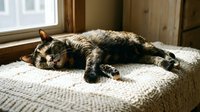 Adorable tabby kitten sleeping peacefully on cozy knitted blanket by sunny window in warm home interior for pet care and comfort concepts.