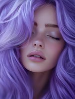 Young woman with vibrant purple hair and closed eyes showcasing fantasy hair color and beauty styling trends for fashion and cosmetic applications.