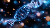 Glowing DNA helix structure with blue neon particles on dark background, genetic science concept with bokeh light effects and sparkles. Medical research visualization.