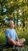 Senior man with gray beard meditating outdoors on rock, surrounded by lush green foliage and dappled sunlight. Wellness and mindfulness concept for relaxation and mental health.