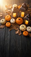 Autumn harvest display with orange and white pumpkins, glowing lanterns, and fall leaves on rustic wooden background for seasonal home decor.