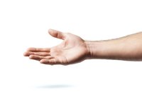 Caucasian male hand with open palm gesture isolated on white background, showing empty hand in horizontal position for product placement or offering.